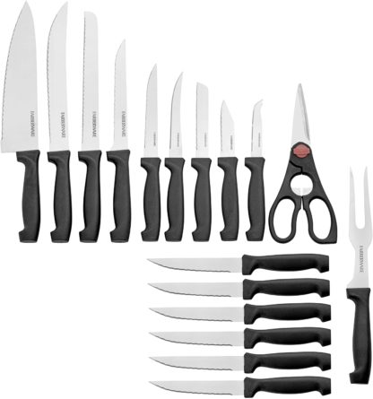 Farberware 18-Piece Never Needs Sharpening High-Carbon Stainless Steel Knife Block Set with Non-Slip Handles, Natural/Black