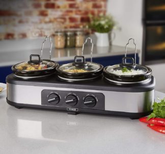 Tower Three Pot Slow Cooker, Food Warmer and Buffet Server, 300 W, 3 x 1.5 Litre Cooking Pots, Black