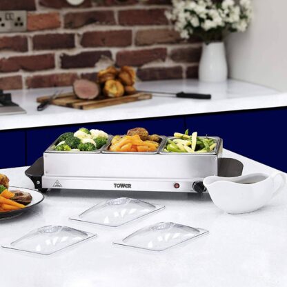 Tower Three Tray Buffet Server and Plate Warmer with Adjustable Temperature Setting, 3 x 1.5 Litre Tray Capacity