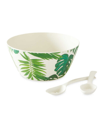 Al Fresco Dining Green Leaf Bamboo Salad Bowl with Fork and Spoon